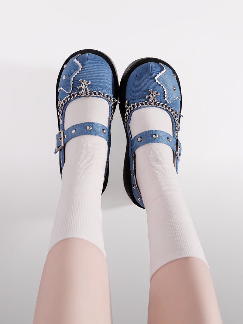 Schnalle Star Toe Platform Denim One Punk Runde Schuhe