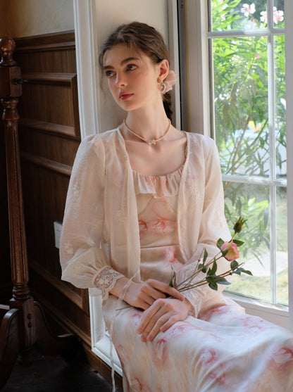 ロングサスペンダードレス フラワーブラウス カーディガン + シアー