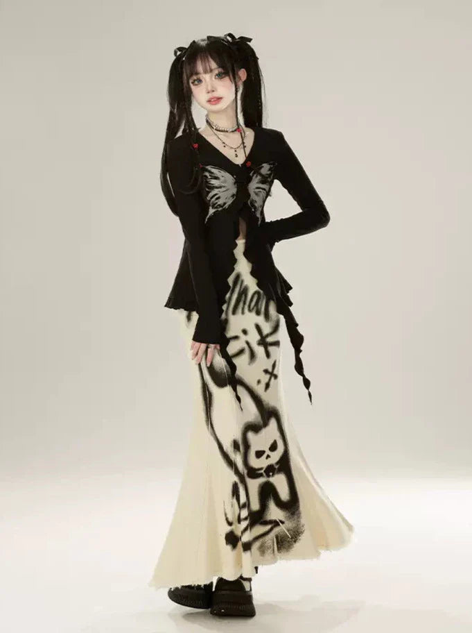 バタフライプリントスリムカーディガンリボンフリル