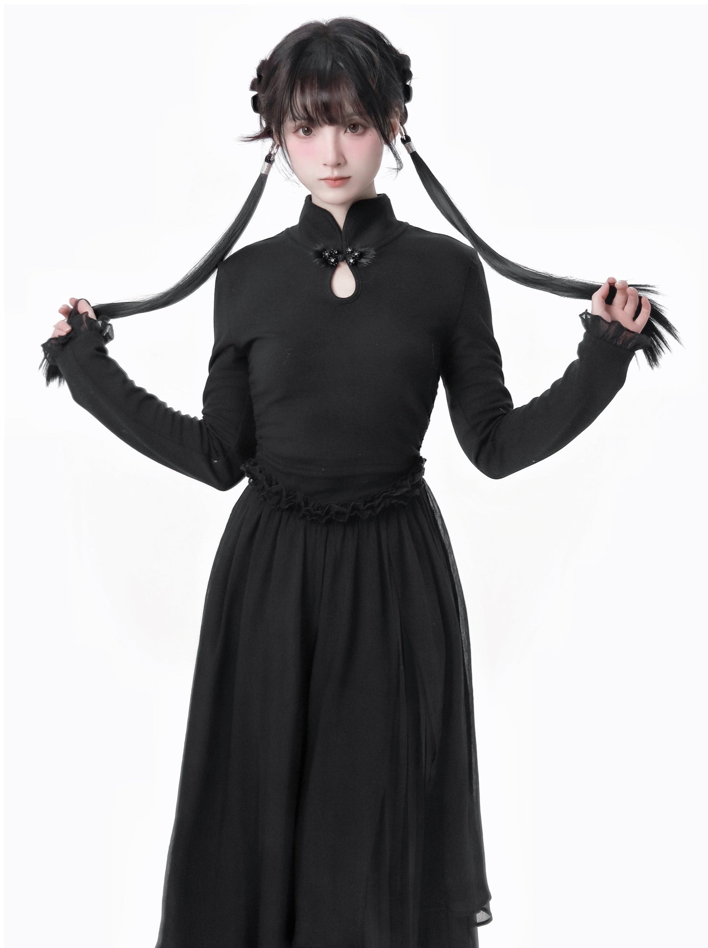 China Hoight Black Knit Springing Waist Frill Turu Dress