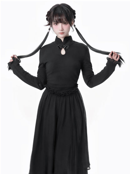 China Hoight Black Knit Springing Waist Frill Turu Dress