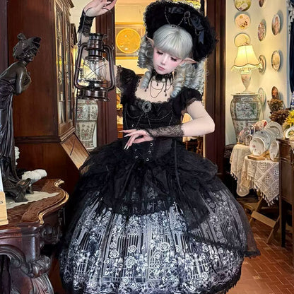 Black Gothic Lolita JSK dress fitted bodice and skirt on model
