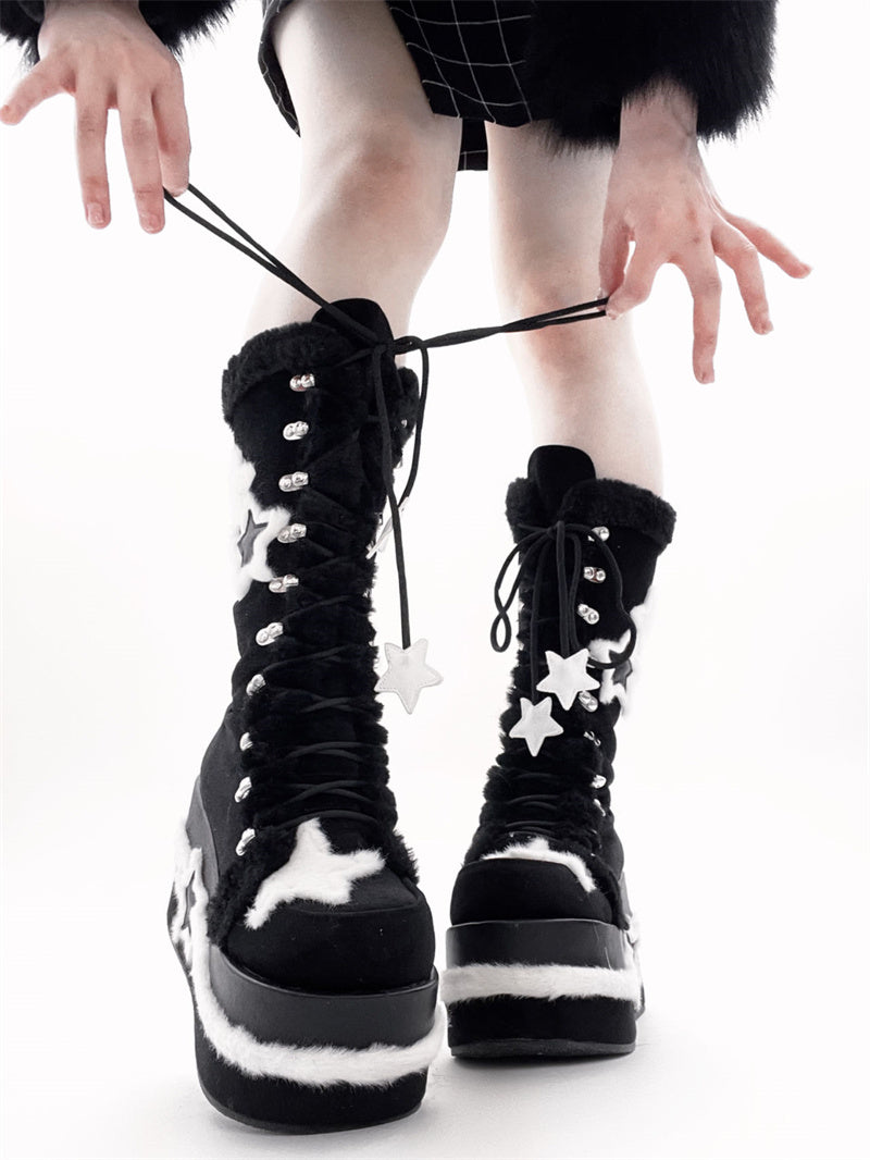 Y2Kサブカルチャーブーツ プラットフォームミッドベルベットスター