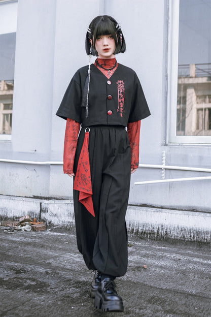 Black China Short V-Neck Top