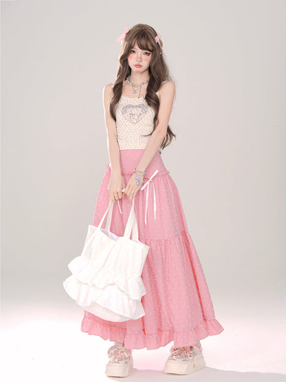 チェック+リボン Aライン Aライン ドットスカート ロングスカート ロング