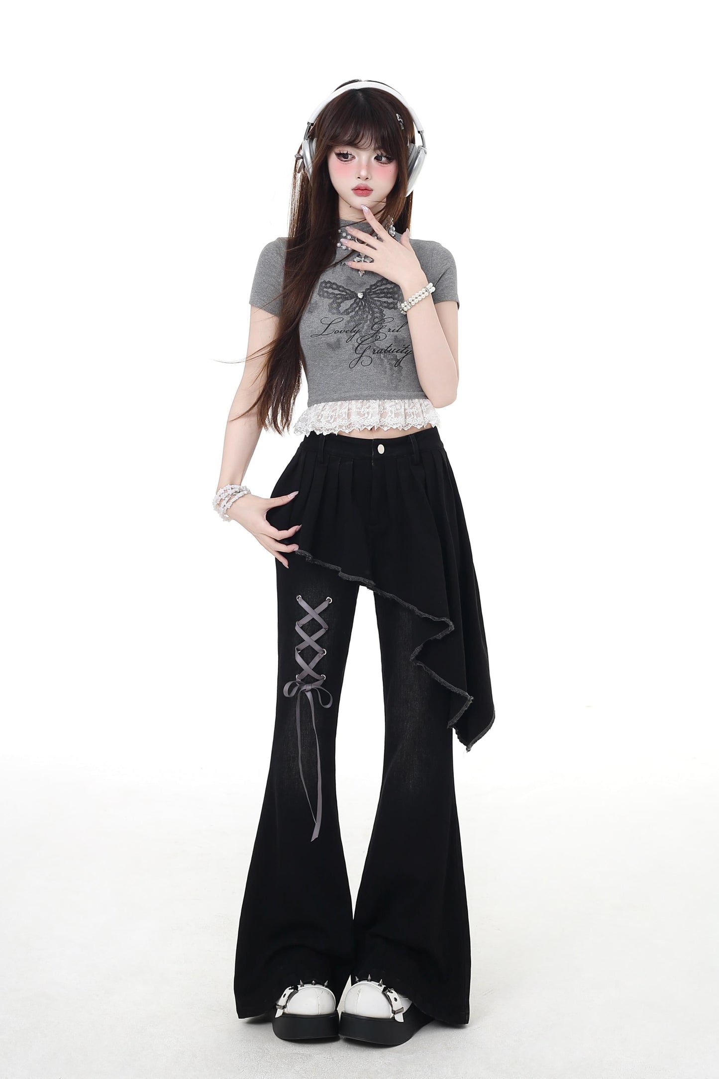 パンツ スリム レースアップ フレア ロング