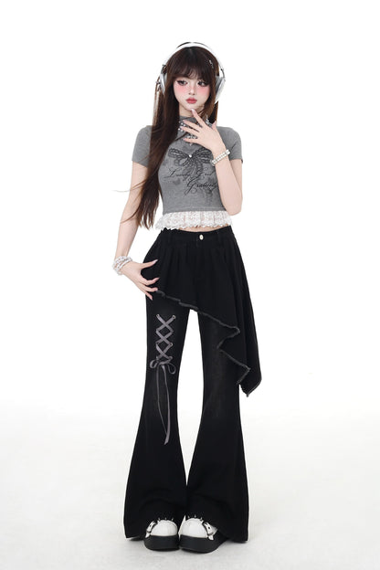 パンツ スリム レースアップ フレア ロング