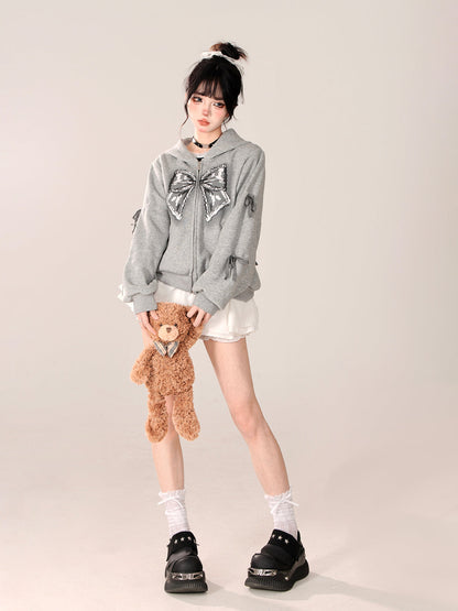 Zip-Up Hooded Loose Black Hoodie Ribbon