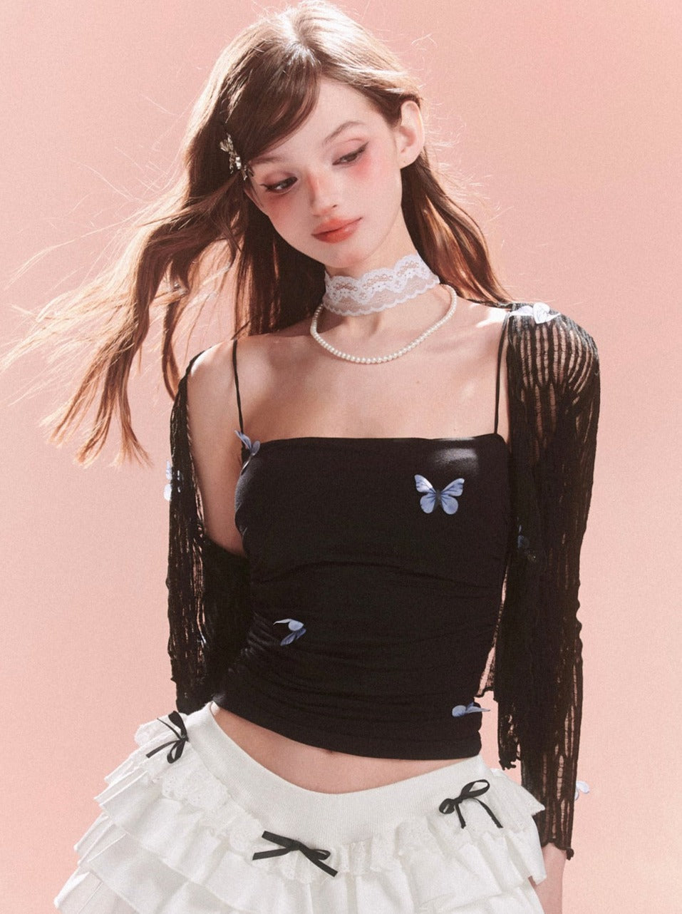 サマー + ブルーカーディガン シアーフラワーキャミソール