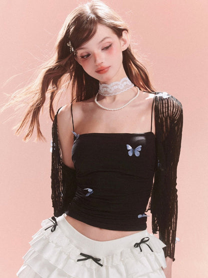 サマー + ブルーカーディガン シアーフラワーキャミソール