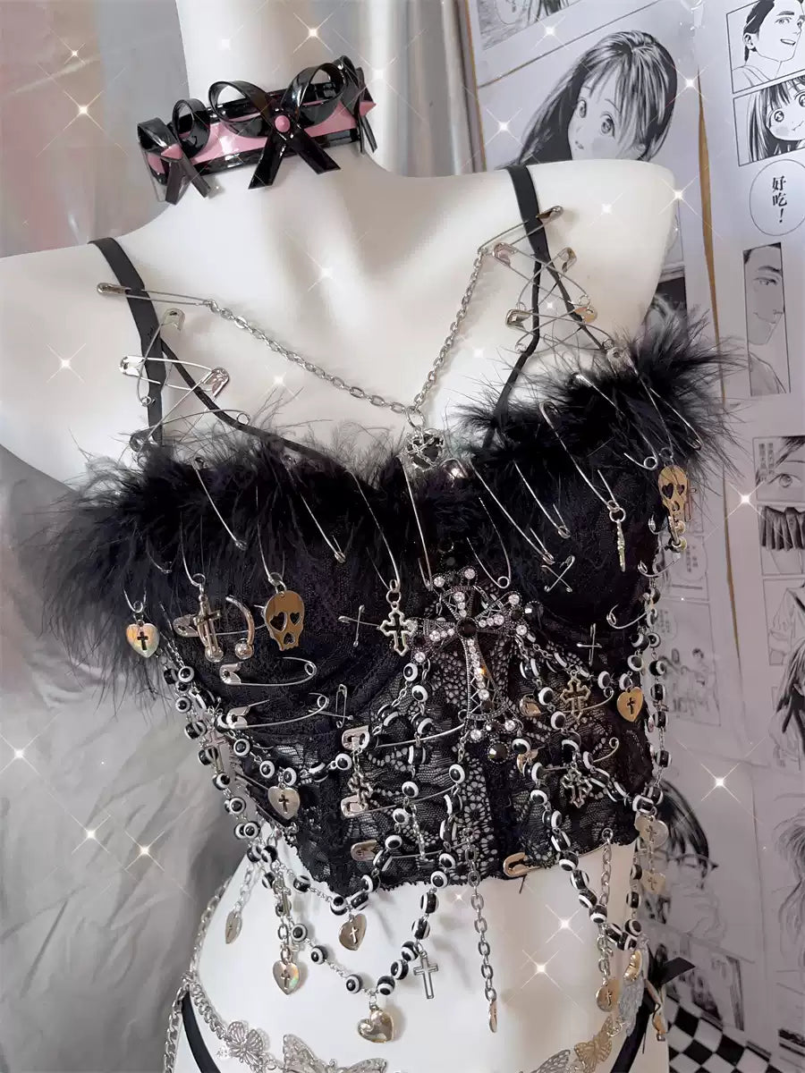 Gothic Lolita Harajuku Streetwear Pin Skull Hanging Chain Vest Rock Top