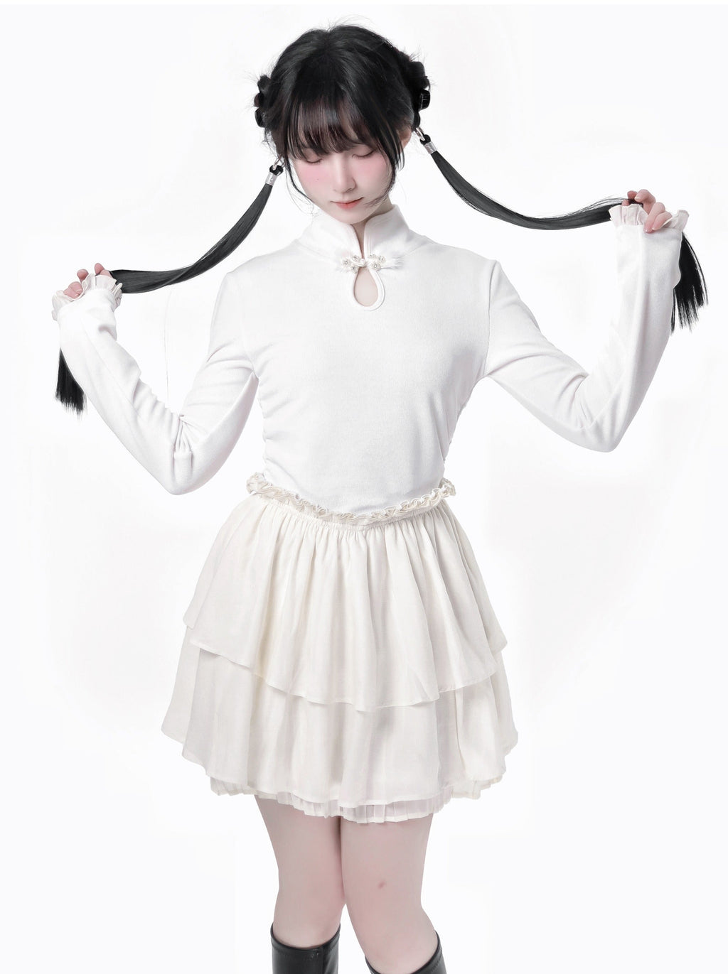 China Hoight Black Knit Springing Waist Frill Turu Dress