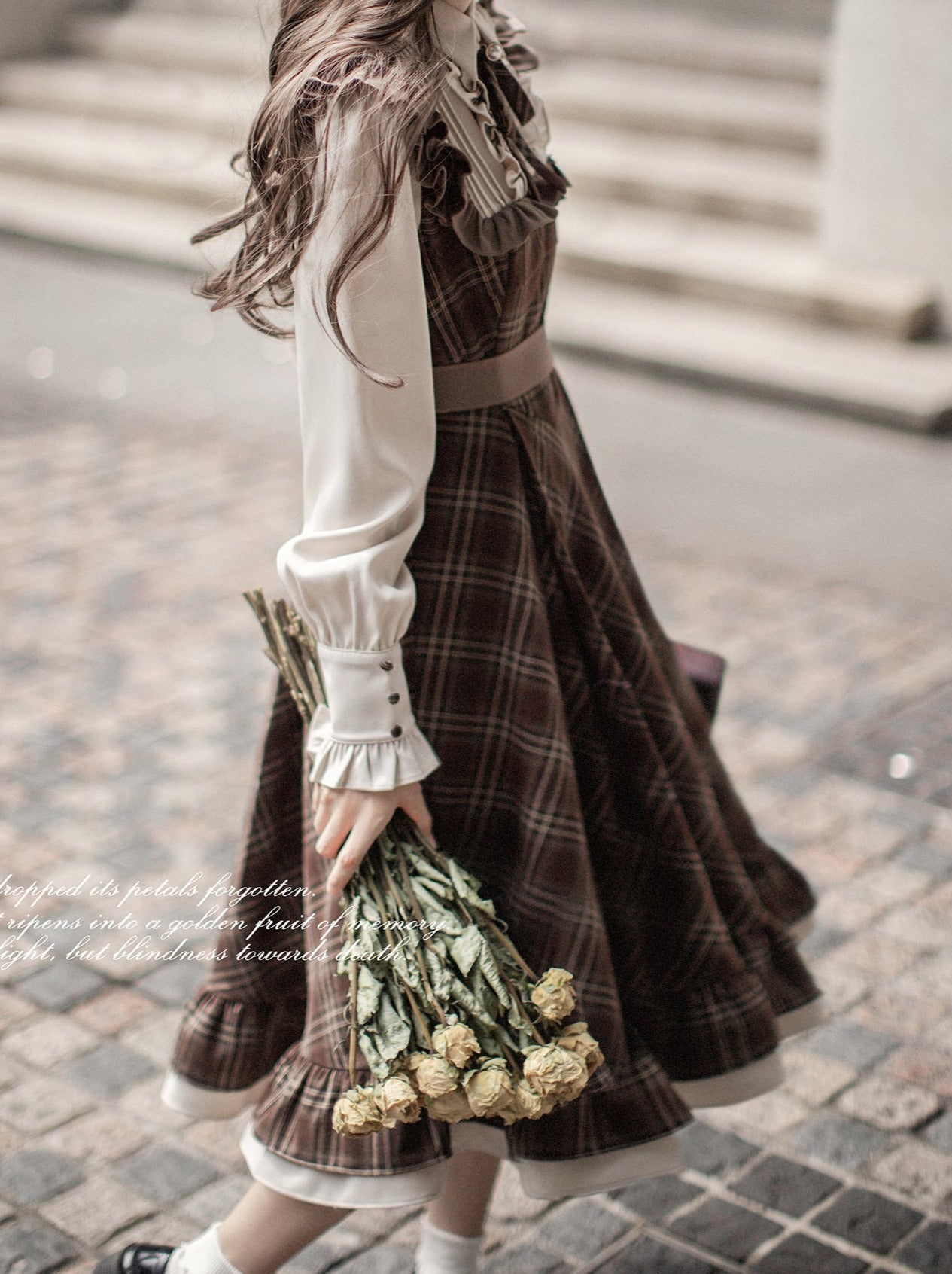 Sleeveless Coat Belt  Ribbon Classic Layered Accessory Dress Brown Check Retro Pearl Volume