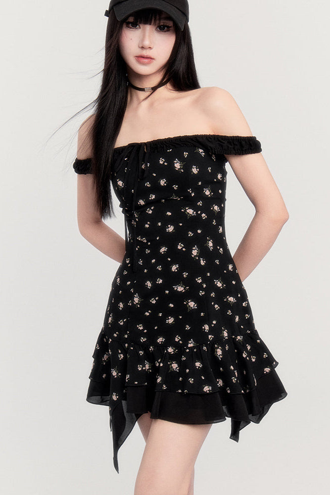 Off-Shoulder French Letter Kleid Flower Love