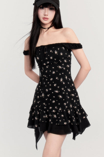 Off-Shoulder French Letter Kleid Flower Love