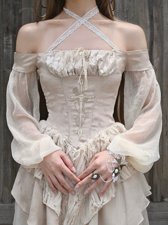 刺繍クロスランタンゴールドスレッドドレスバレエスリーブブロークンオフショルダー