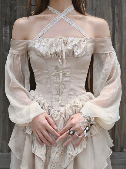 刺繍クロスランタンゴールドスレッドドレスバレエスリーブブロークンオフショルダー