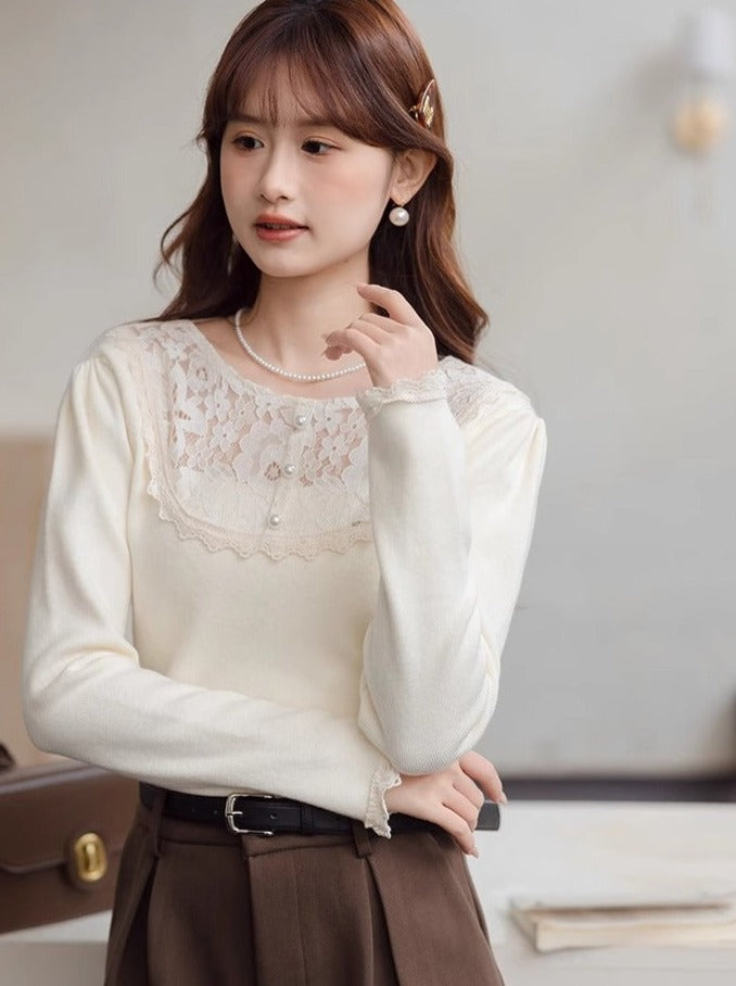 Stil Hals Slim Top Fit Französisch Spitze Rund