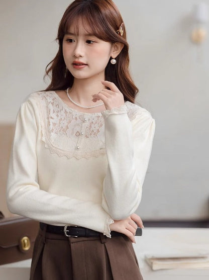 Stil Hals Slim Top Fit Französisch Spitze Rund