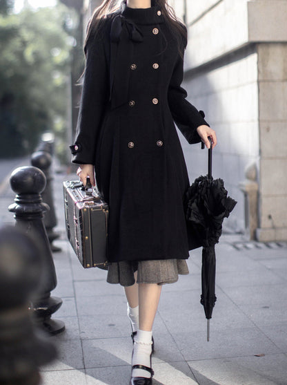 スタンドダブルブレストリボンレトロウールコートカラーエレガント
