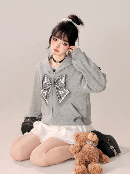 Zip-Up Hooded Loose Black Hoodie Ribbon