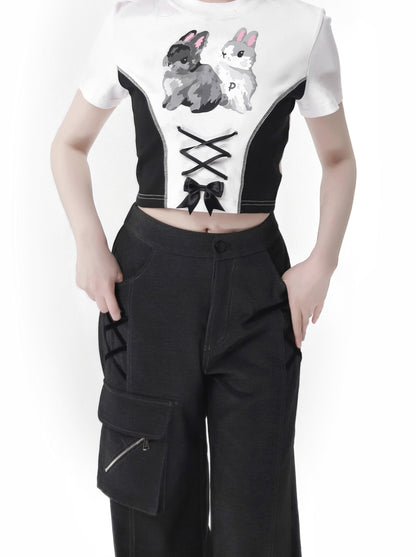 Summer Design Straps Pants Rabbit Off-Shoulder Black White Hoodie Tops Suit