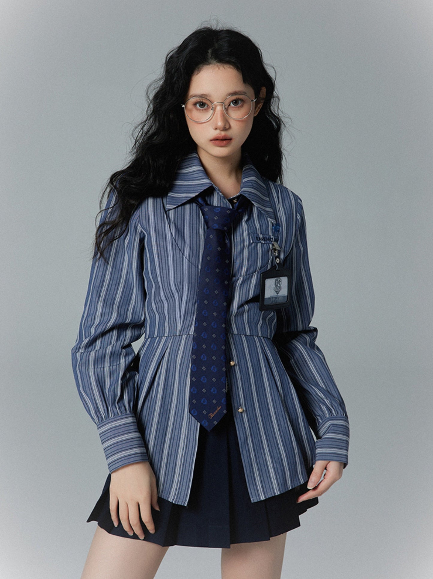 襟付きストライプフェイクツーピースポロシャツ