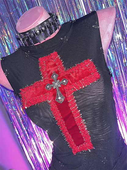 Gothic Dark Rock Punk Red Cross Vest Top