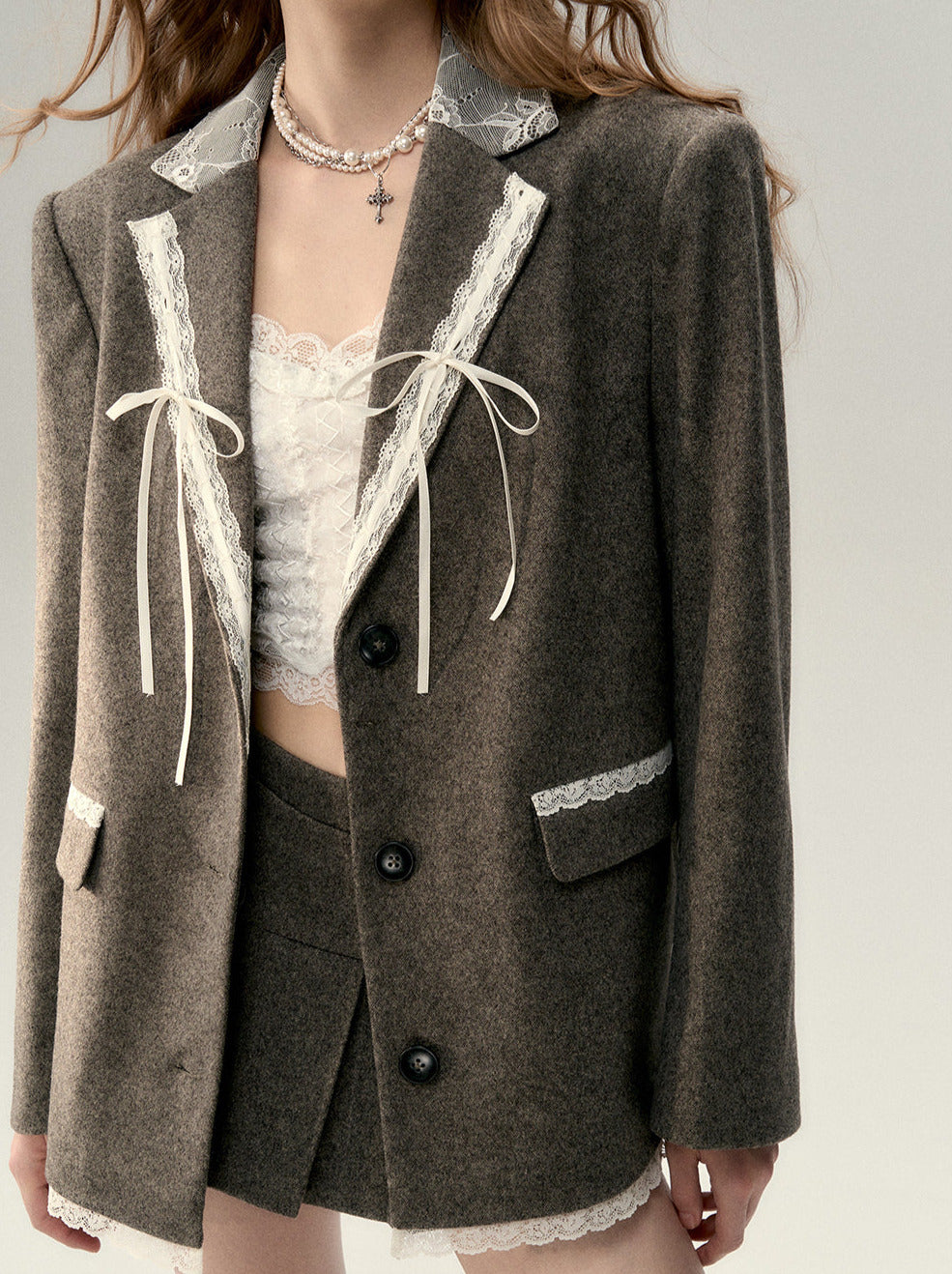 Splice Ribbon Wool Lace Jacket Suit