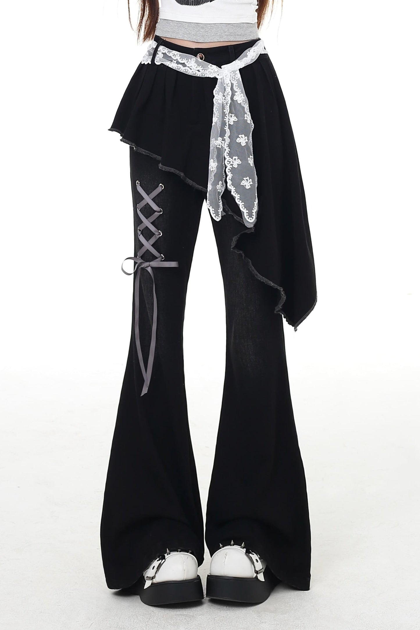 パンツ スリム レースアップ フレア ロング