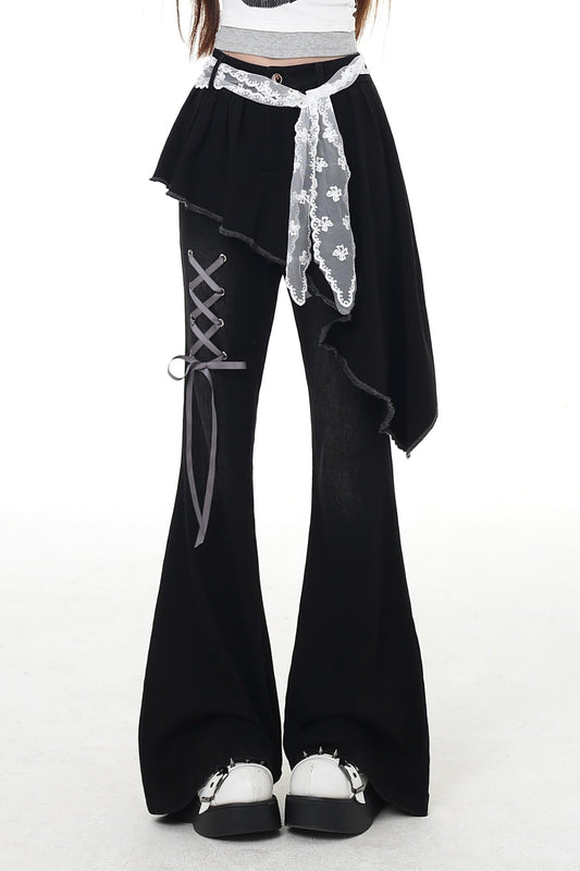 パンツ スリム レースアップ フレア ロング