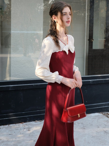 French Mermaid Ribbon Likör Spitzen Strickkleid Kirsche