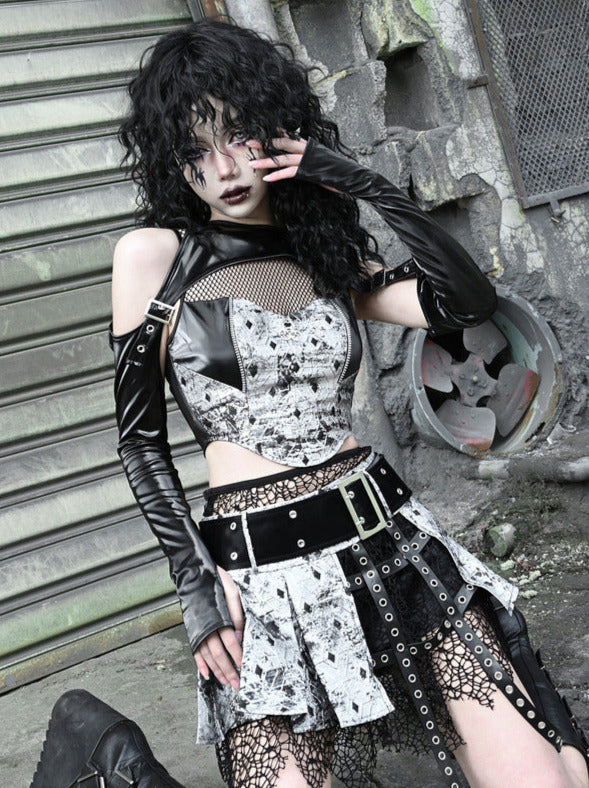 Two Top Mesh Piece Punk PU Liquid Suit Dark Slim