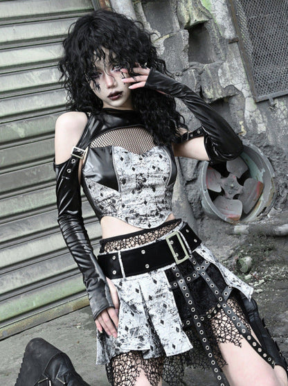 Two Top Mesh Piece Punk PU Liquid Suit Dark Slim