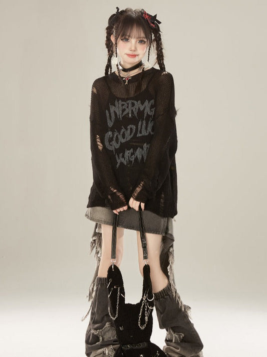 Damaged Knit Logo Round Neck Sheer