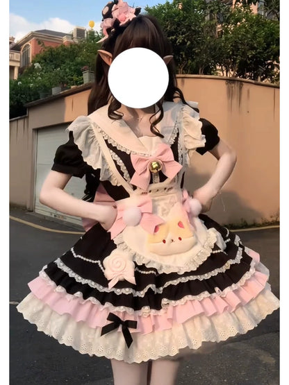 Black Pink Maid Lolita Princess Dress | Doll-Style Ruffle Skirt