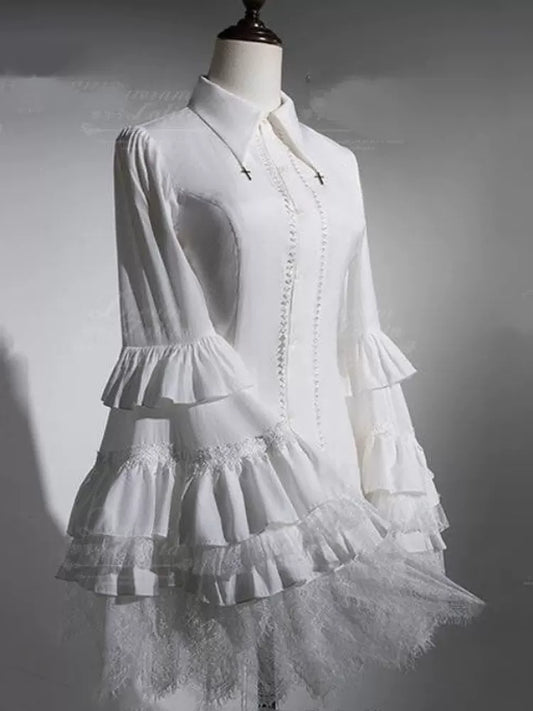 Spider Feather Gothic Lolita Lace Blouse – Princess Sleeve with Detachable Collar | Meng Fu Zi