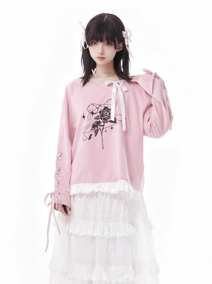 レーストップ、ホワイト、ガーリーフラワースカートセットデザイン、ピンク