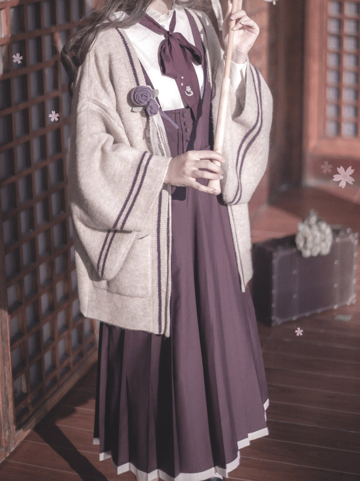 襟付きコサージュドレス レトロシャツベストカーディガン スタンドニット フリルスリーブ + 日本製リボン