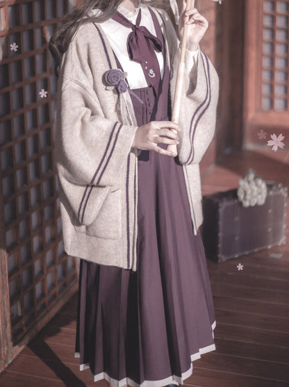 襟付きコサージュドレス レトロシャツベストカーディガン スタンドニット フリルスリーブ + 日本製リボン