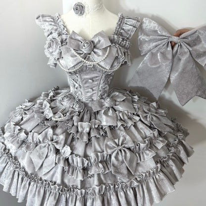 Silver jacquard ruffle dress with matching bow and layered skirt
