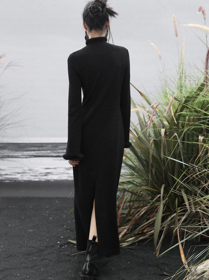 Slim Dress Dark Fur Button Knit