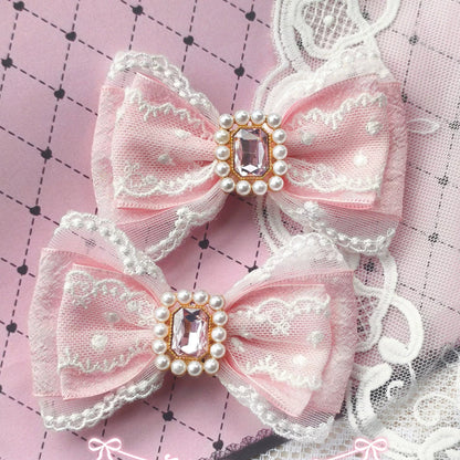 Handmade Heart Bow Shoe Clips with Lace & Pearl - Lolita Accessories