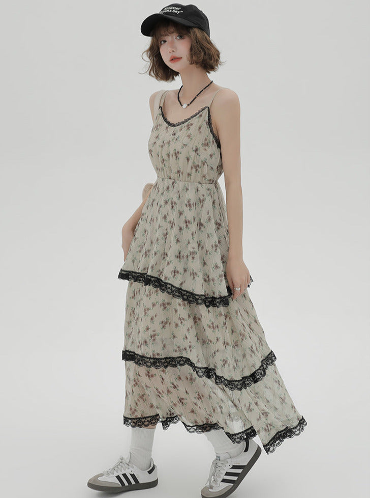 ドレス プリント サスペンダー ティアード フローラル レース