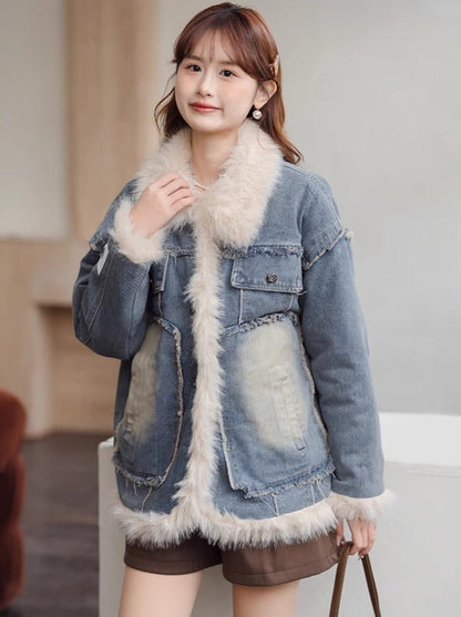 キルティングラペルブルーデニムジャケット