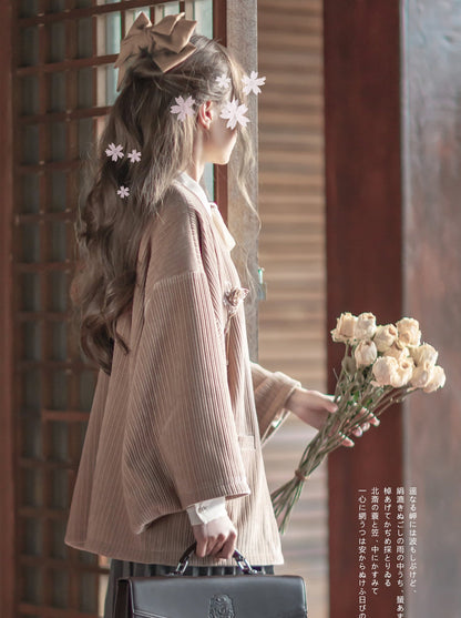 Chiffon Jacket Skirt Retro + Ribbon Checkered Dark Feather Skirt Shirt + Note Showa Brooch Cherry Gray