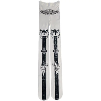 Full-length light-colored tights with black Gothic print