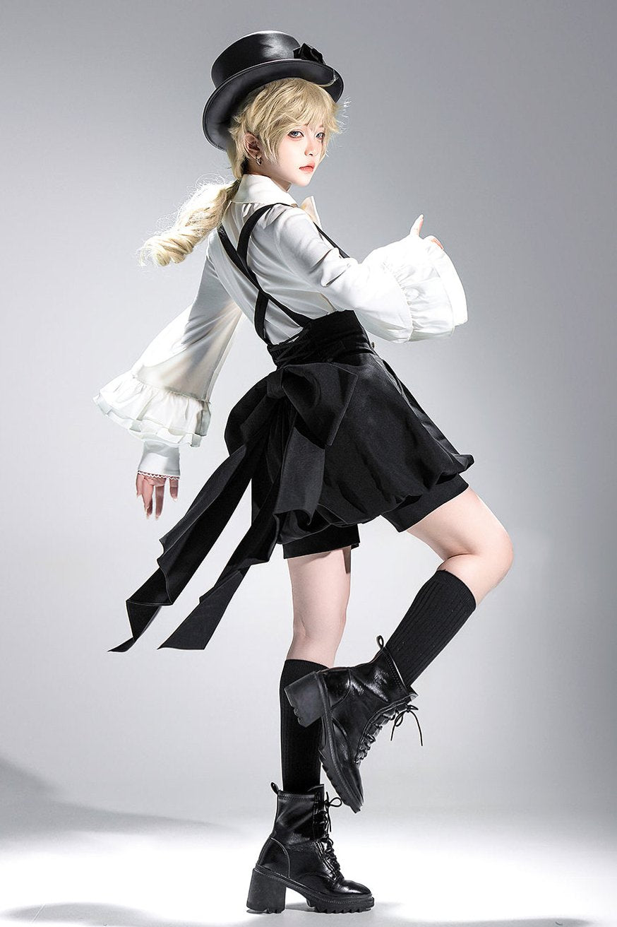 キュート+レトロショートパンツエレガントシャツリボンプリンス予約テールダーク