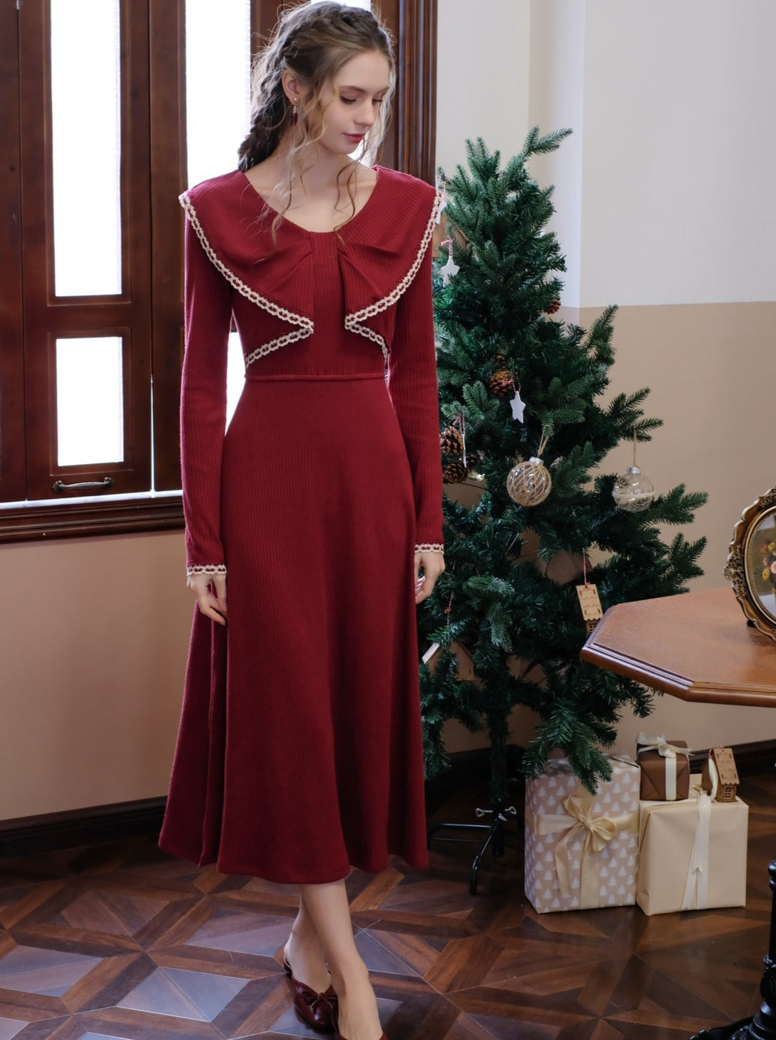 フレンチレッドリボンニットカラードレスレトロ