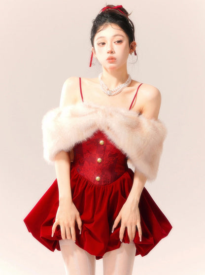 Camisole Balloon Princess Fur Off-the-shoulder Dress